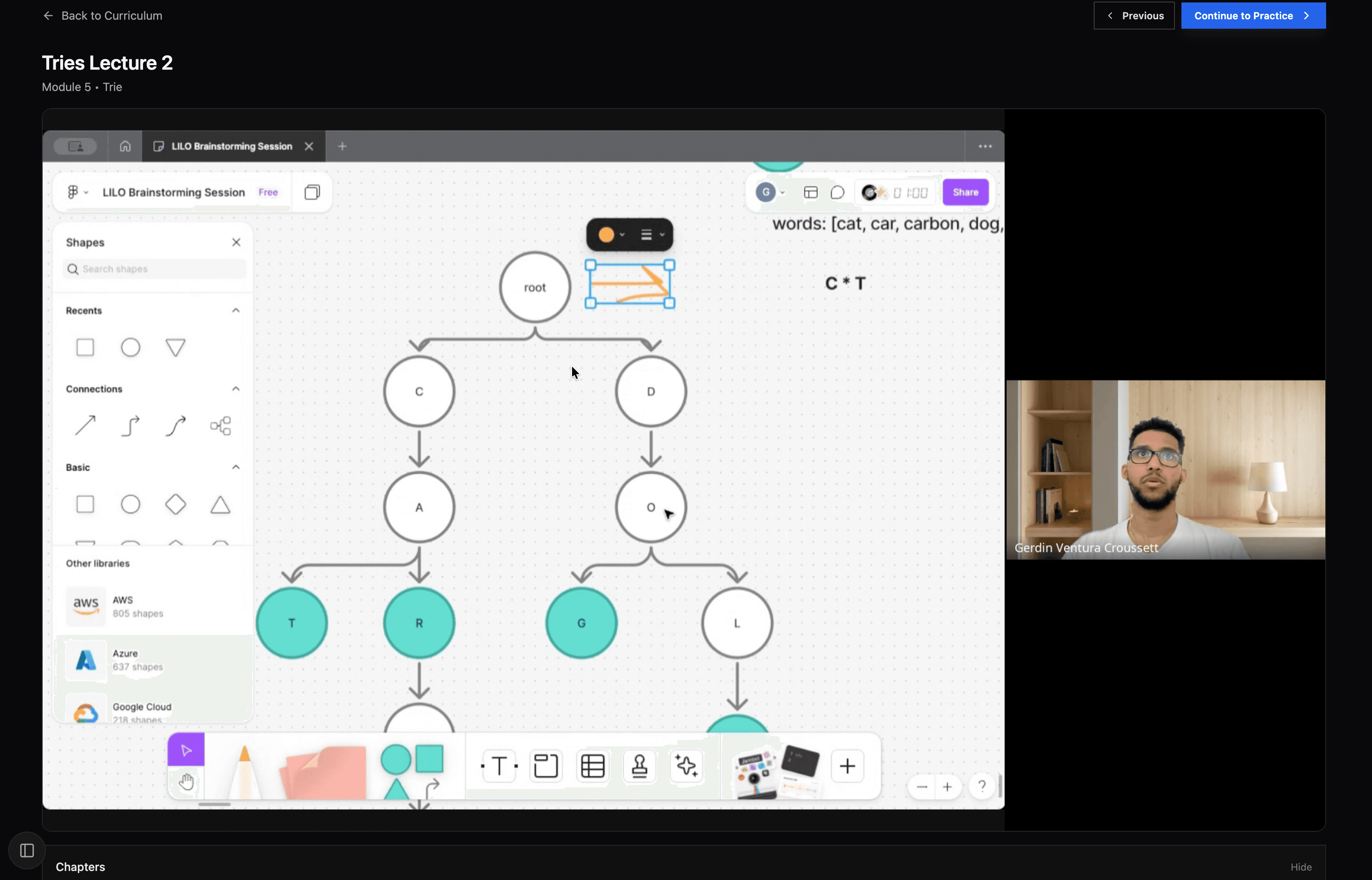 Lecture player showing a real Module 1 lecture with slide content, instructor video, and chapter navigation
