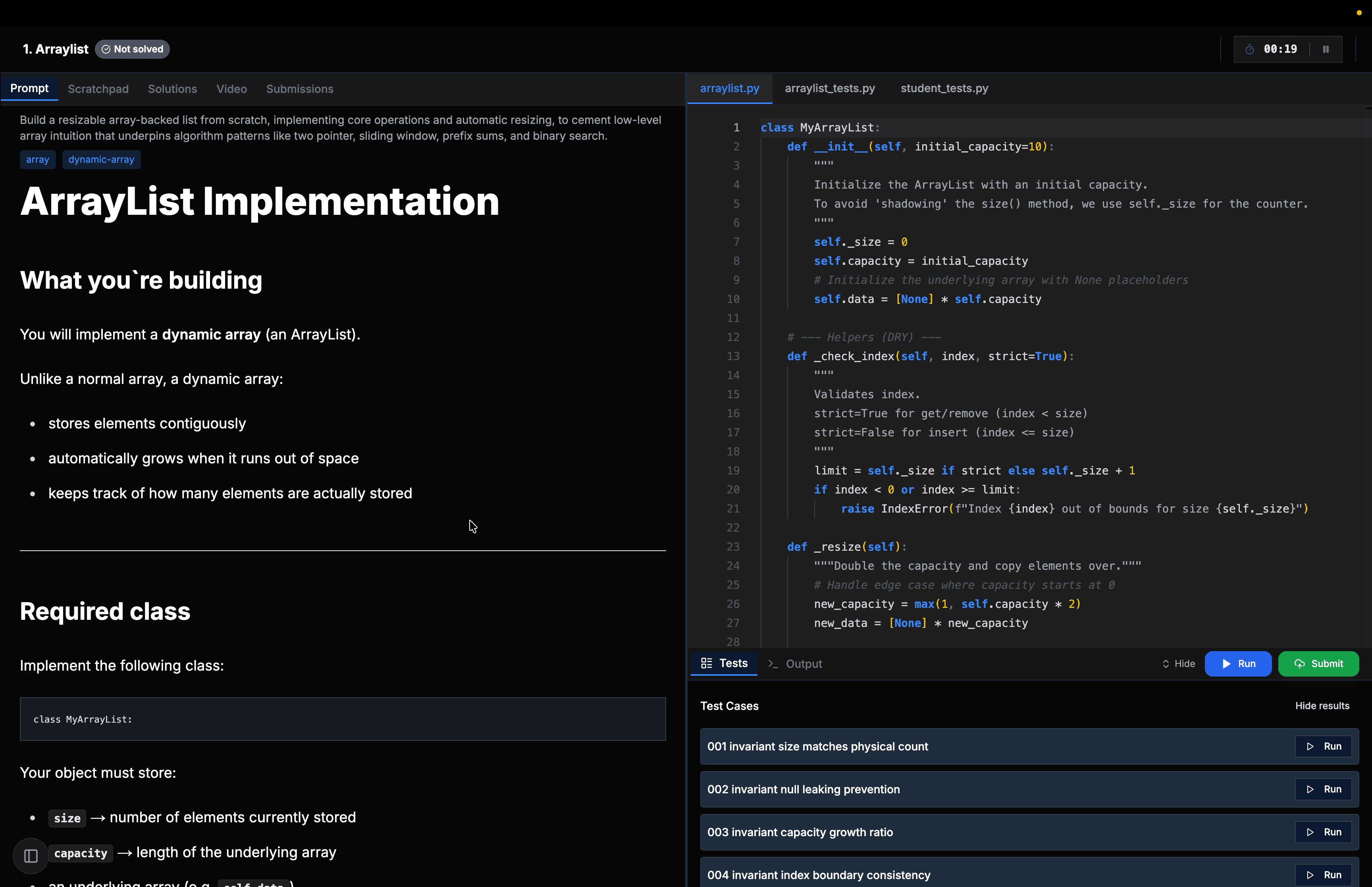 Coding problem page with prompt, Python editor, test cases, and Run/Submit controls
